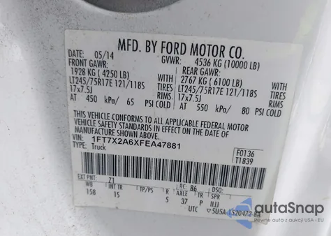 2015 Ford F-250 Xl from USA, damaged, VIN 1FT7X2A6XFEA47881